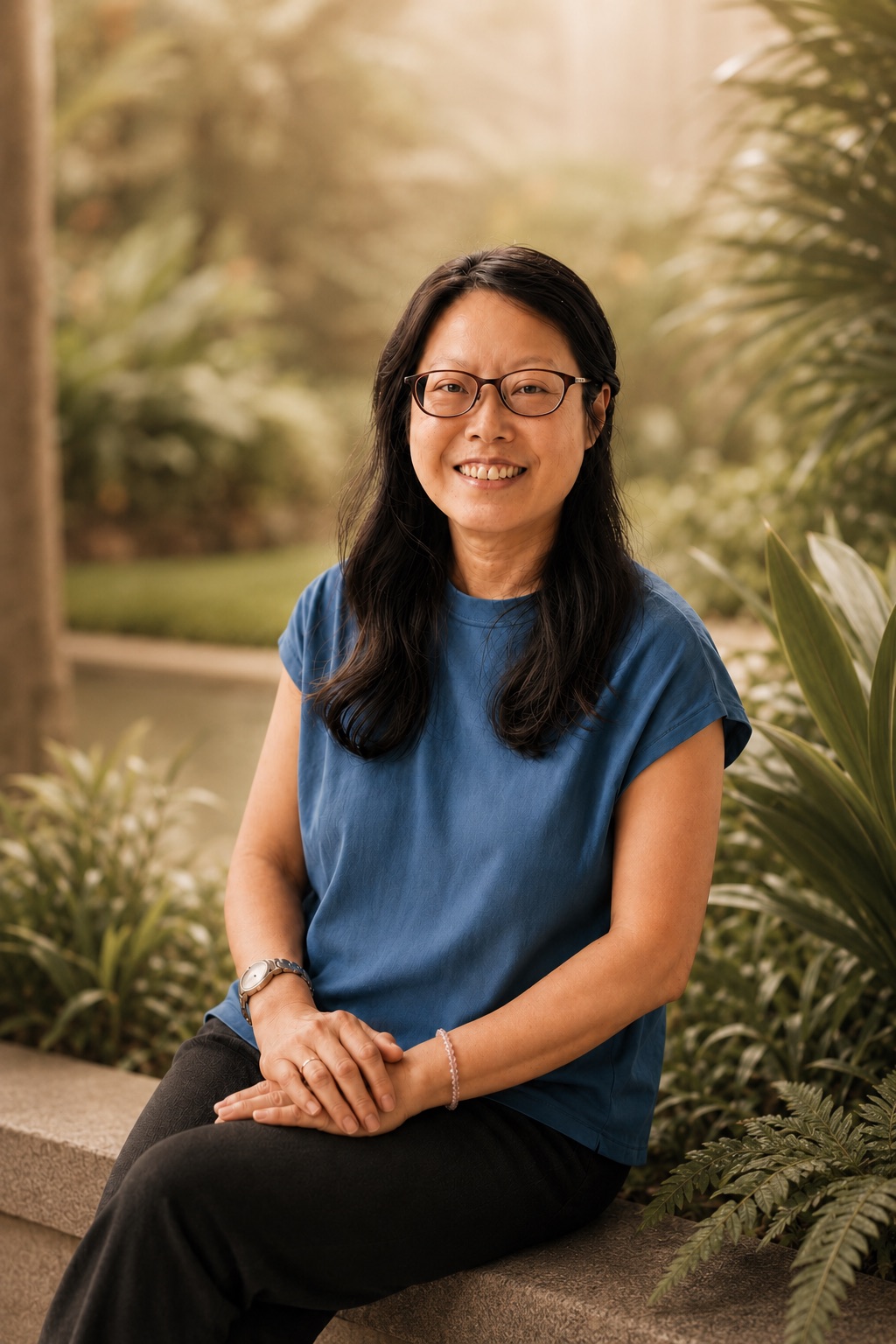 Li-Anne Tan, trauma-informed kinesiologist, seated outdoors among greenery in Singapore